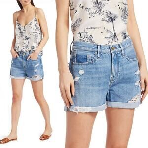 FRAME Le Beau Distressed Roll Up High-Rise Denim Shorts